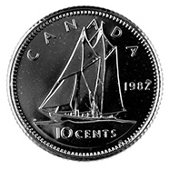 Canadian ten cents coin also called a dime has a famous Canadian sailboat on it 'the Bluenose'