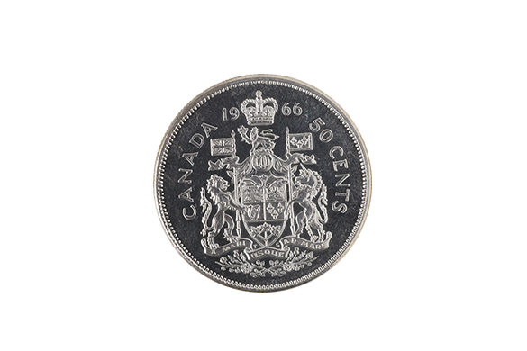 The front side of a 50-cent coin. It contains two inscriptions, the Canadian coat of Arms and the words Canada and 50 cents.