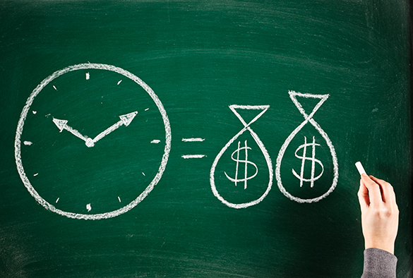 Person drawing how wages work; time equals to money.