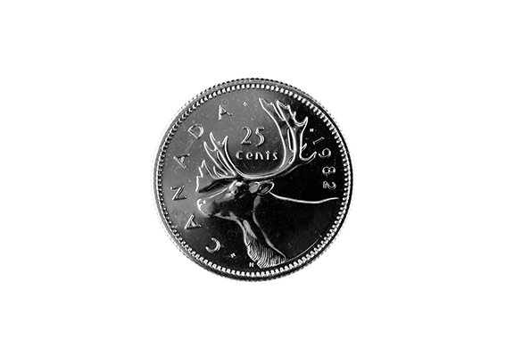A Canadian coin with a caribou, also known as a quarter.