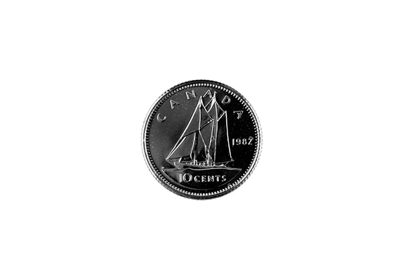 A Canadian coin with a sailboat, also known as a dime.
