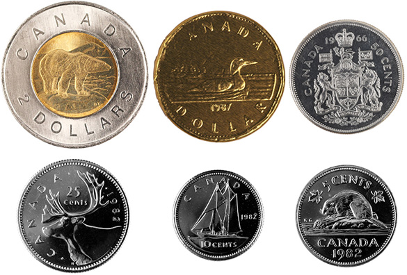 Canadian coins: 2 dollars, 1 dollar, 50 cents, 25 cents, 10 cents, and 5 cents.