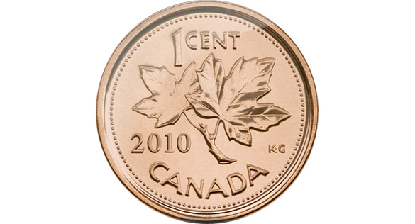 A penny: a round copper coin with two maple leaves on it and the text 1 cent.