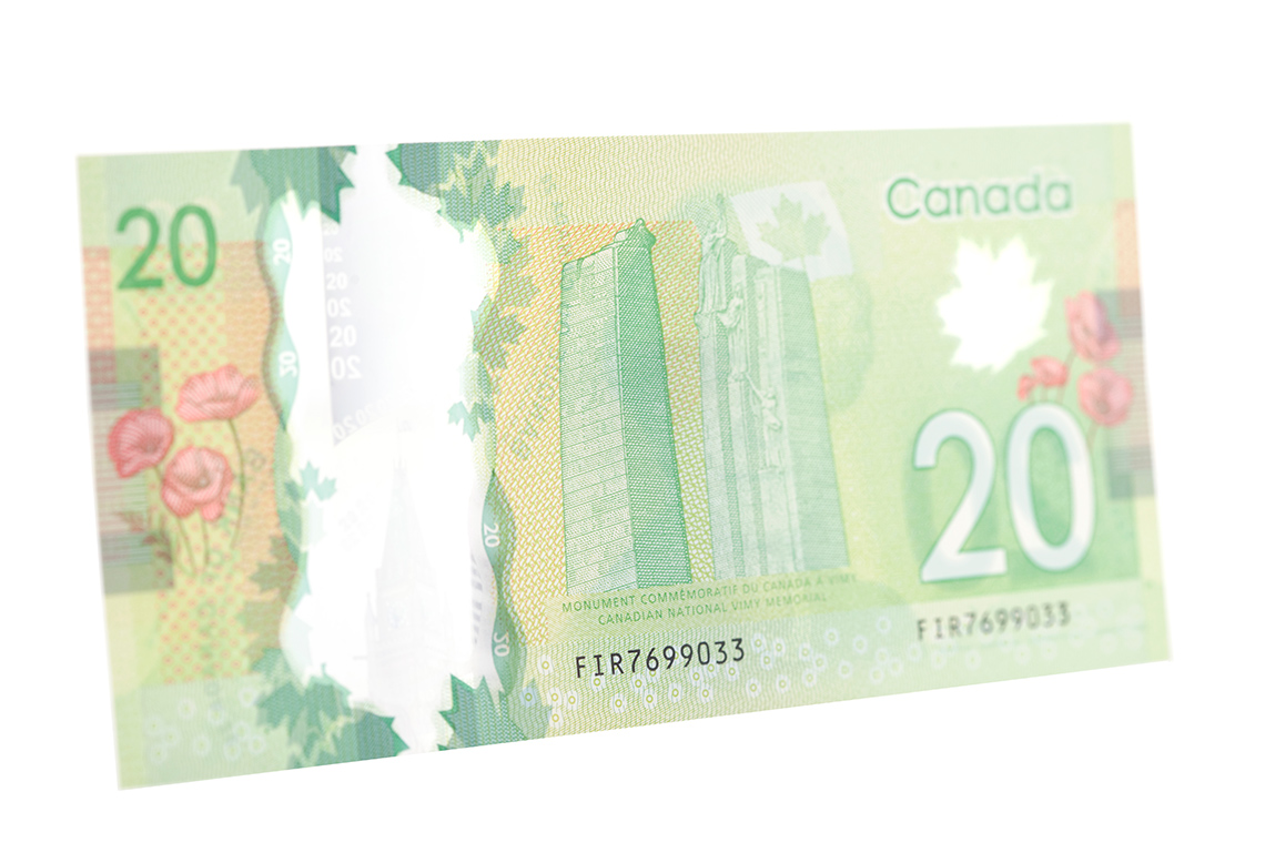 The back of a Canadian 20 dollar bill. The bill has the number 20 and a picture of a statue.