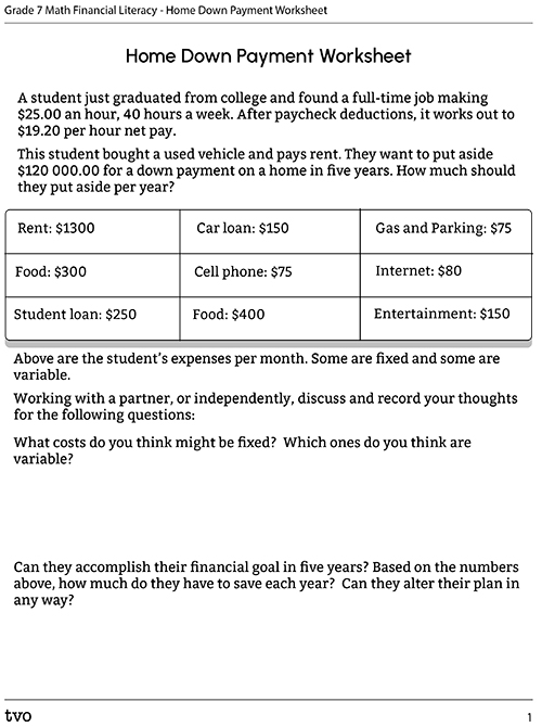 Home Down Payment Worksheet