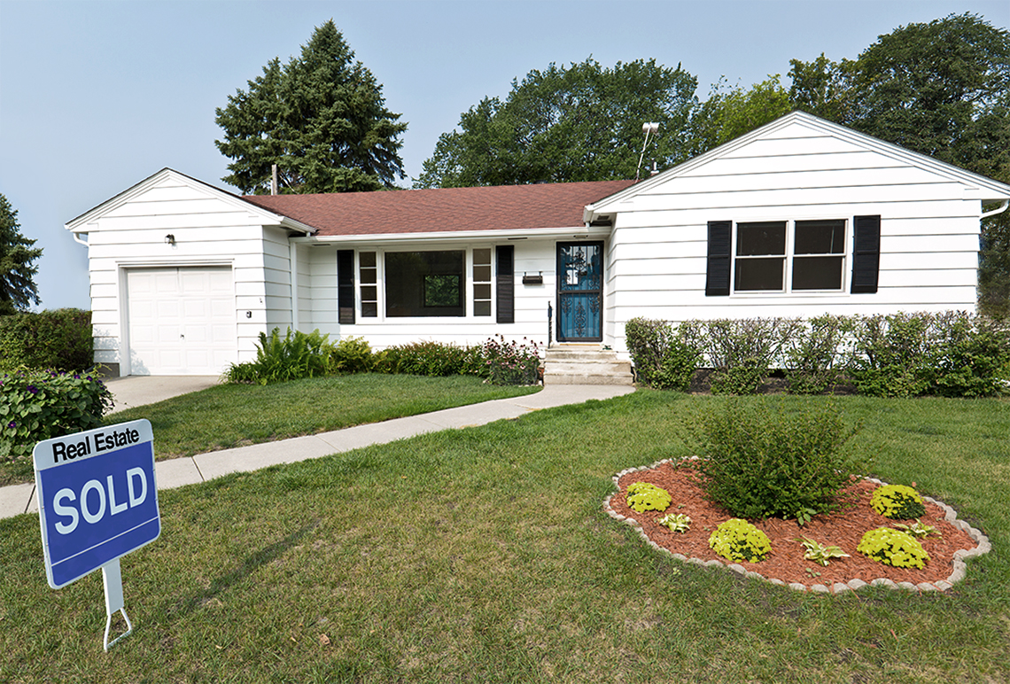 House A has white siding, a brown roof, neat garden, large front window, and three steps up to the front door.