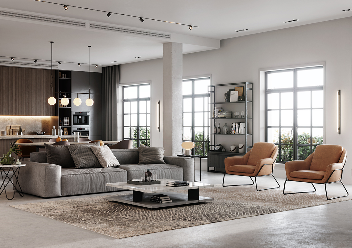 Home C is an open-concept space with high ceilings. The floor and pillars are concrete. Three balcony doors are present