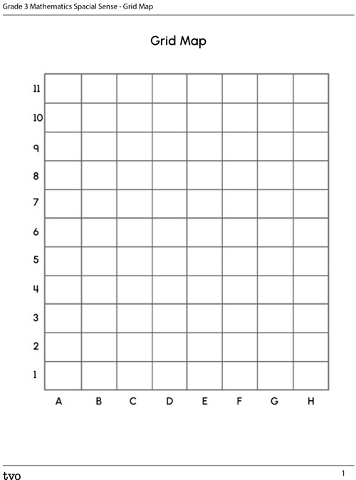 A blank grid map with 8 squares across labelled A to H and 11 squares up numbered 1 to 11.