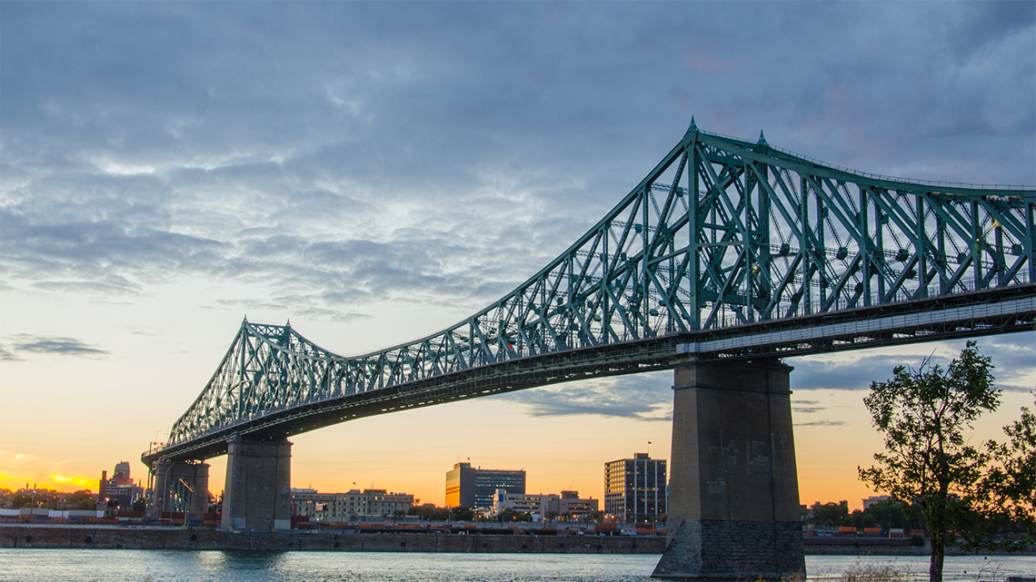 Jacques Cartier Bridge above the St Lawrence River in Montreal. 