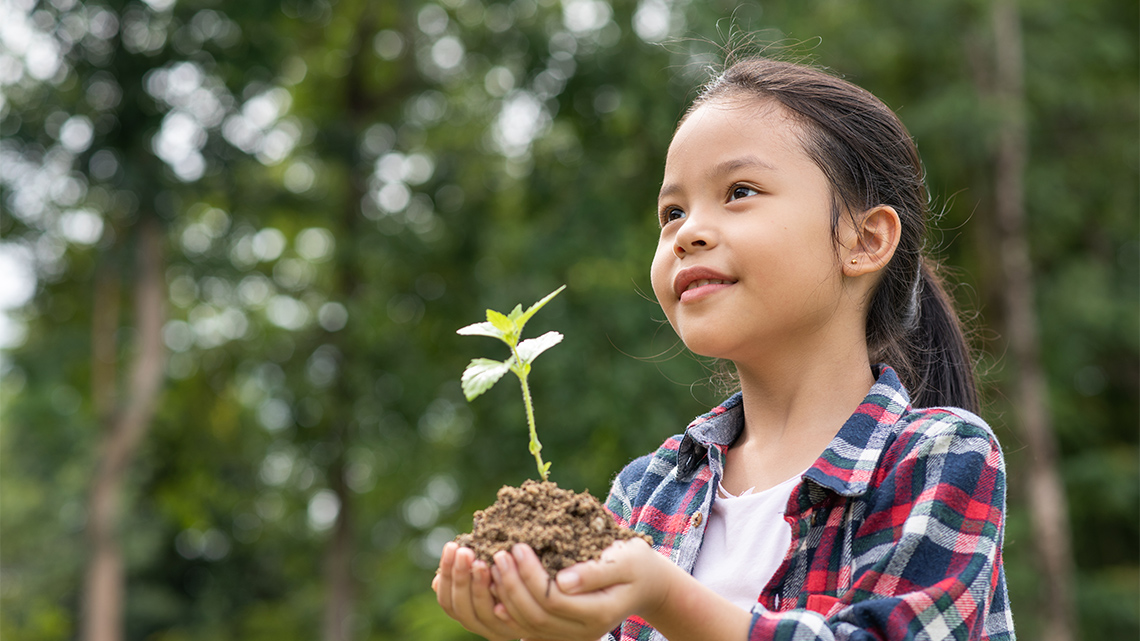 A child holding a plant and dirt in their hands.