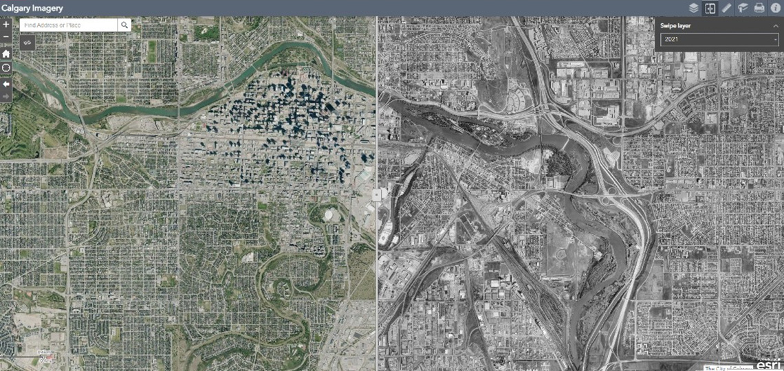 A satellite image shows an aerial view of the city of Calgary in 1995 (left) and an aerial view of the same area of Calgary in 2021 (right).