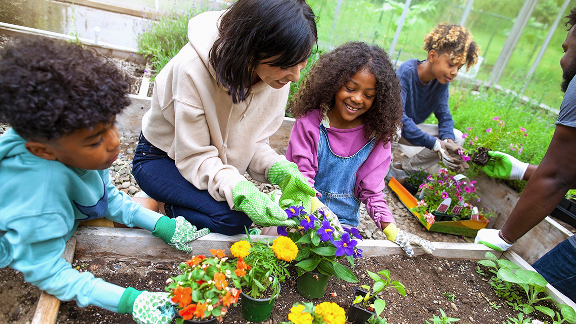 Two adults and three children planting flowers in a garden together.