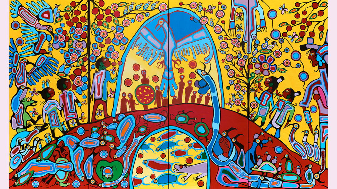 A painting of a scenery that includes people, plants, and animals such as fish, birds, and turtles.