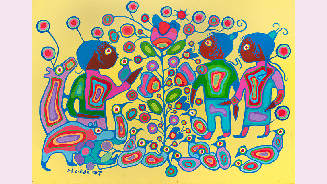 A painting with 3 people, a floral plant, and animals around.