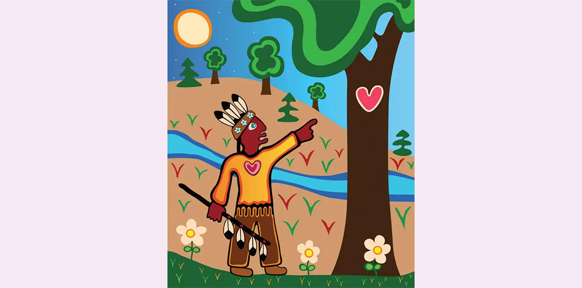 A painting of a person pointing at a tree. The tree and person both have hearts near the centre.