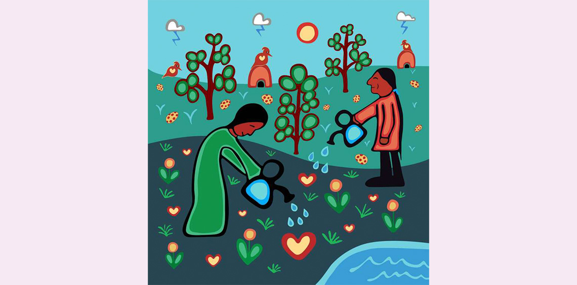 A painting of 2 people watering a garden. Some of the plants are heart shaped.