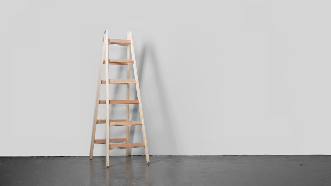 A freestanding wooden ladder open on an angle.