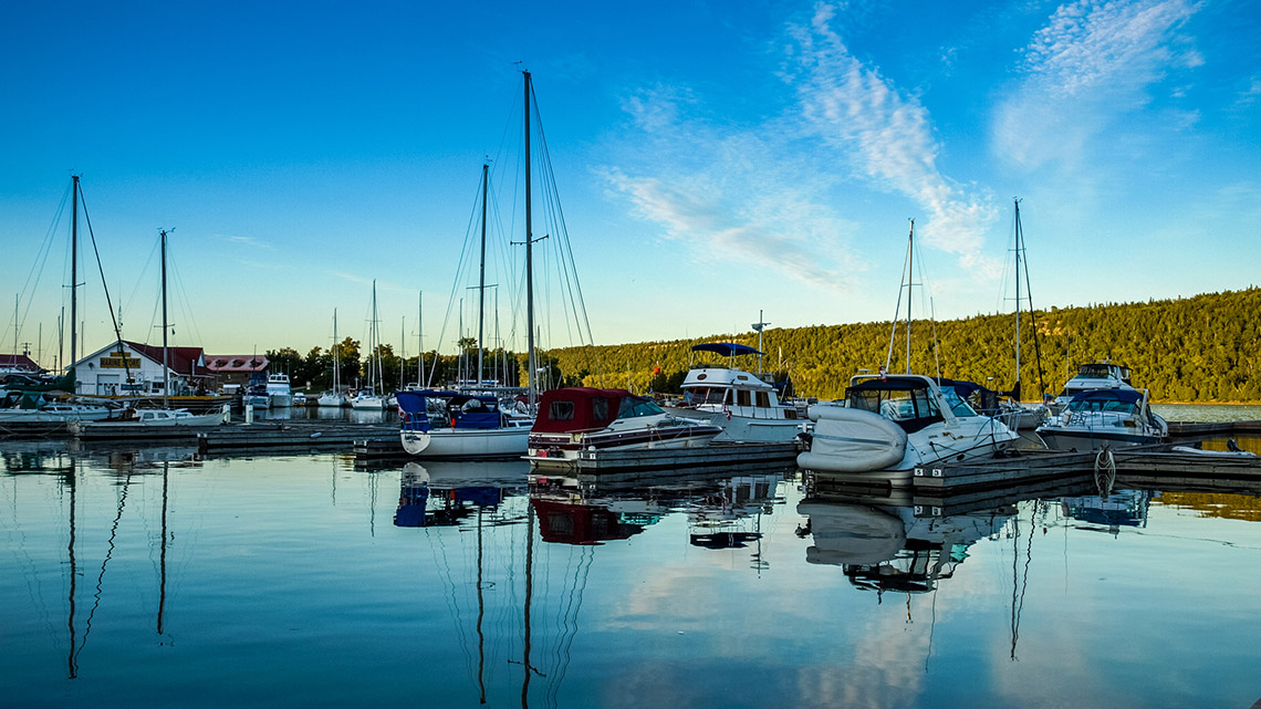 Motorboats and sailboats docked at a marina.