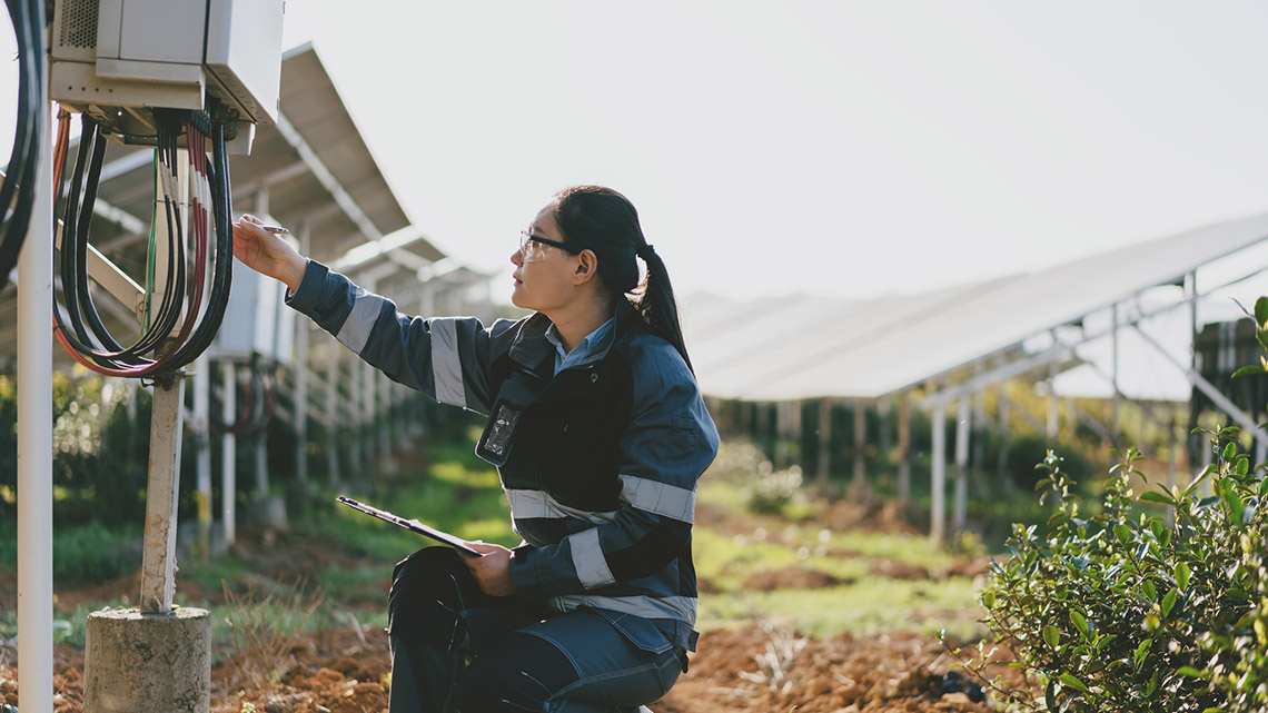 An environmental engineer inspecting a solar power station.