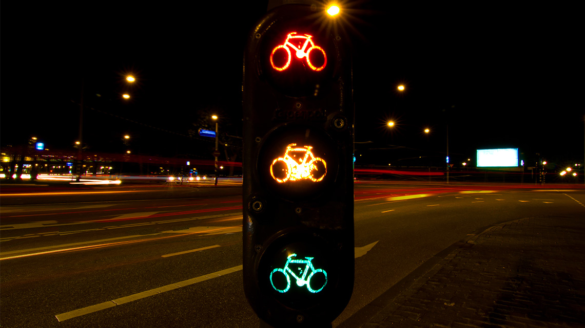 A traffic light for cyclists in Amsterdam, Netherlands.