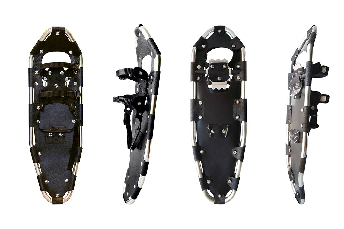 Four angles of an aluminum snowshoe with metal bolts and nylon attached as the base of the snowshoe.