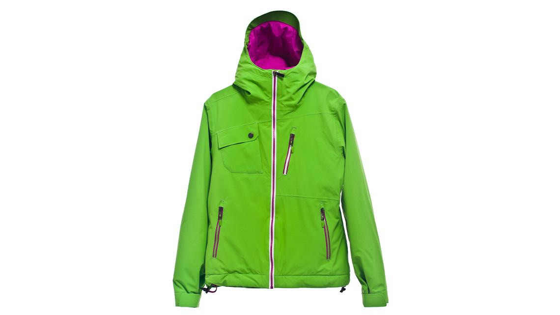 A long-sleeved ski jacket with a full zipper up the front, multiple zipped pockets, a buttoned pocket and a hood.