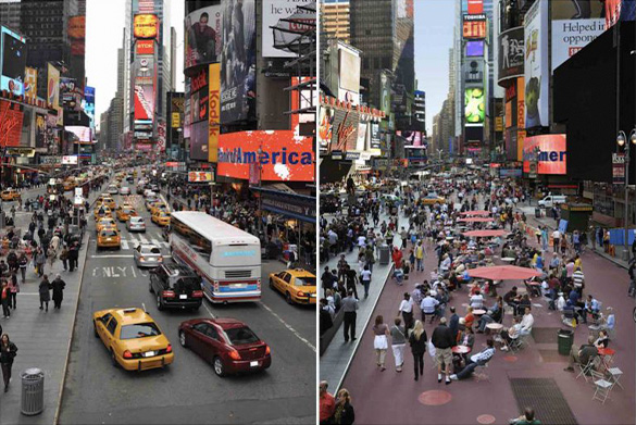 Two views of Times Square. On the left, it is full of traffic and on the right there are pedestrians and people sitting at tables.
