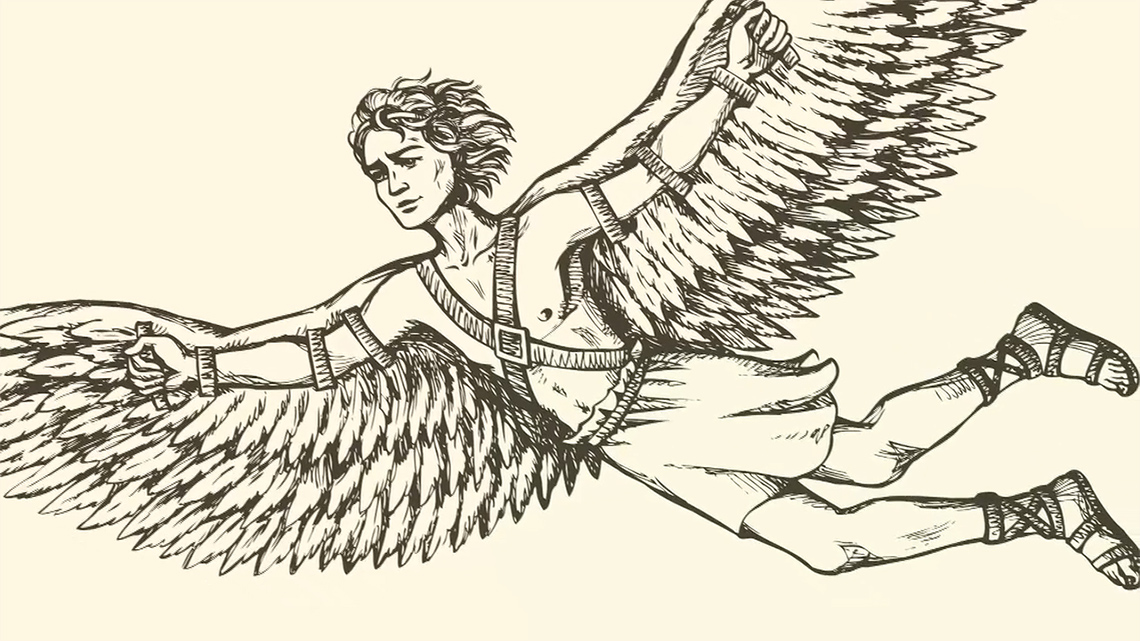 Drawing of an ancient Greek man with feathered wings strapped to his back and arms.