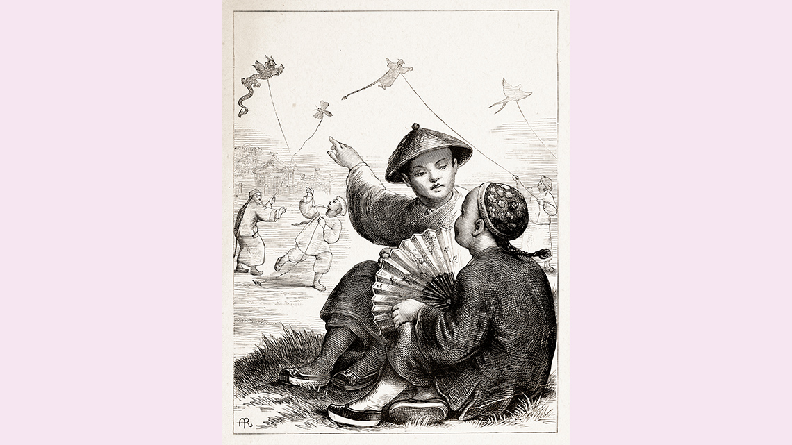 Historical drawing of two people in traditional Chinese attire watching kite-flying.