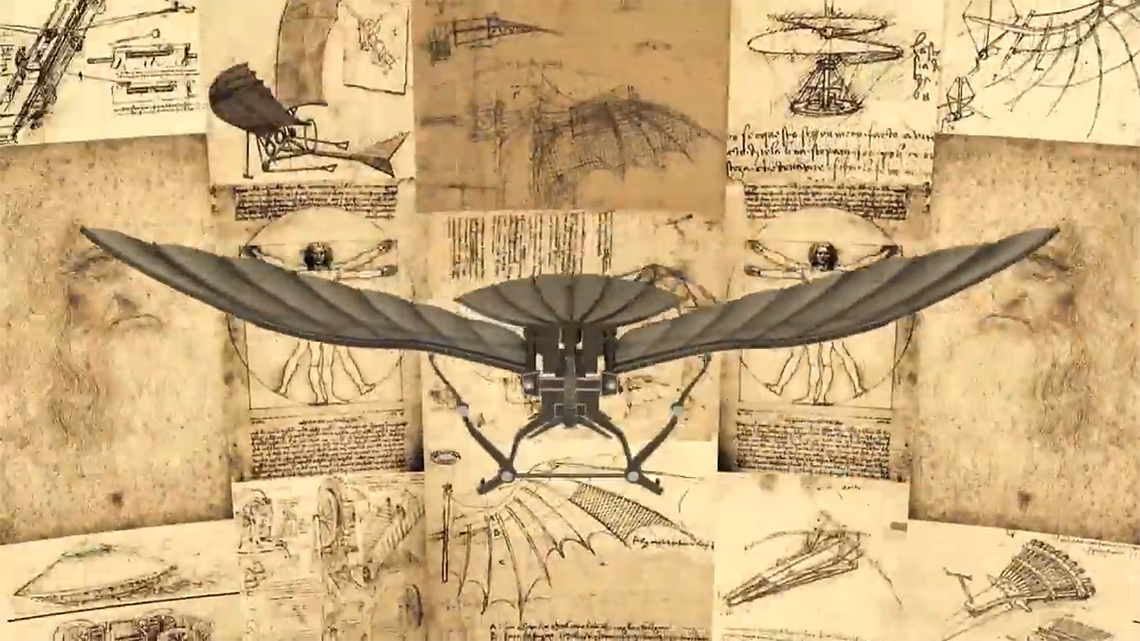 Drawing of an ancient flying machine that resembles the structure of a bird.