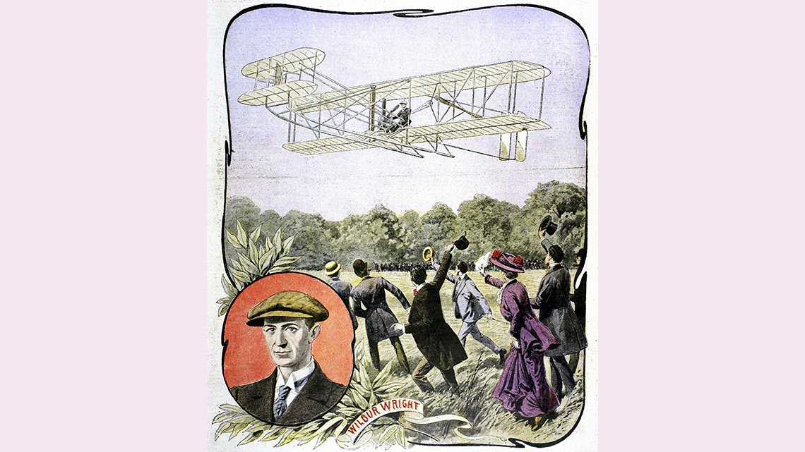Historical drawing of Wilbur Wright and his first plane.