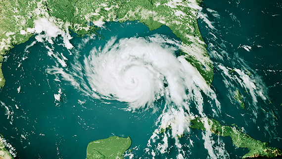 Topographic map of the earth showing a hurricane forming.