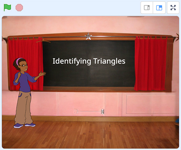 Scratch code screen for identifying triangles. Learner is presenting the code.