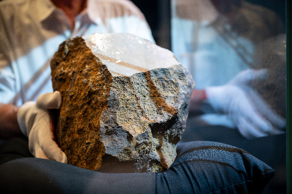 Gloved hands placing a large rusty-coloured rock on a black pillow in a glass case.