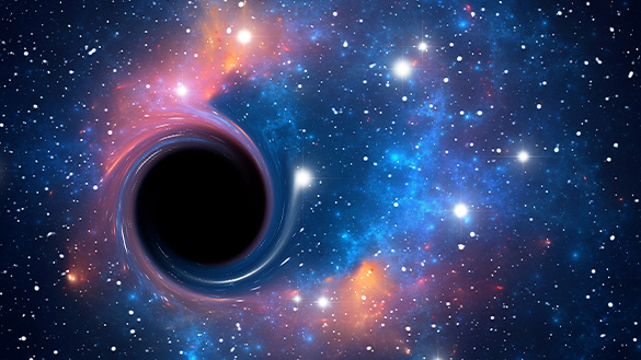 Twinkling stars in space with a black hole that contains swirling colourful tails around the perimeter.
