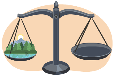 A scale weighing a small pile of logs, trees, a lake, a water truck, barrels of oil, and a sun.
