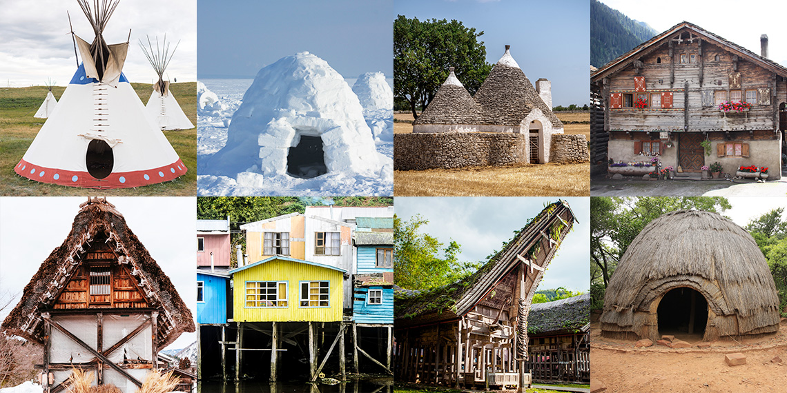 Examples of vernacular architecture around the world that use traditional materials and resources.