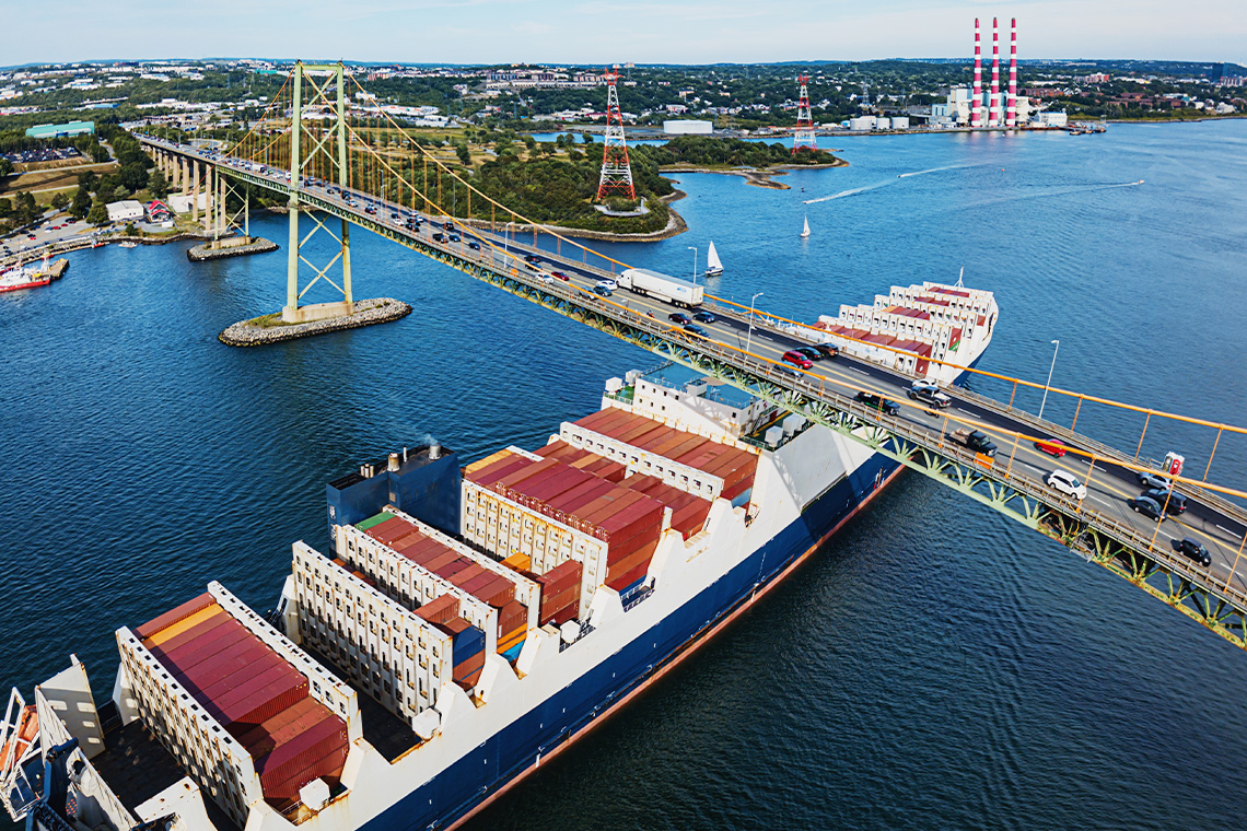 Cargo ship beneath the MacKay Bridge, Halifax Harbour.