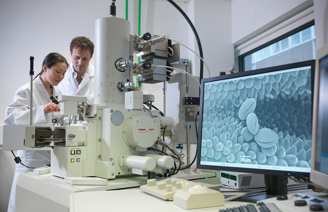 Two scientists using a scanning electron microscope.