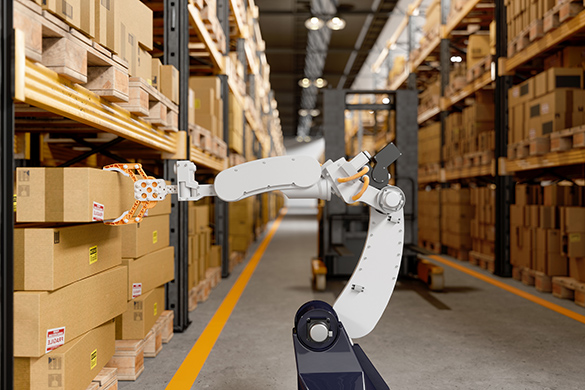 Robot in a warehouse selecting items from a shelf
