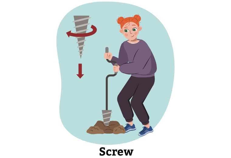 The screw is a long tool used for digging into the ground. A child is turning the screw, and the screw is moving around and down into the ground.