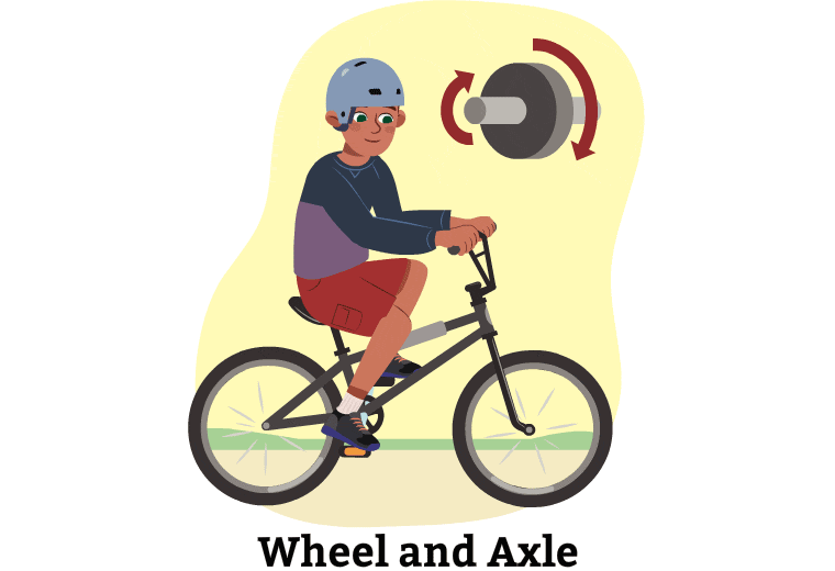 The wheel and axles are on a bicycle. A child is riding the bicycle. As the child pushes their feet on the pedals, the wheels turn around.