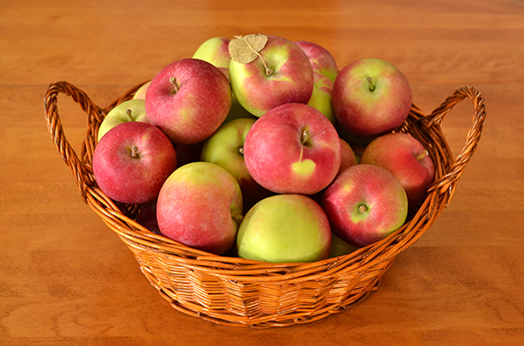 Red McIntosh apples in a wicker basket.