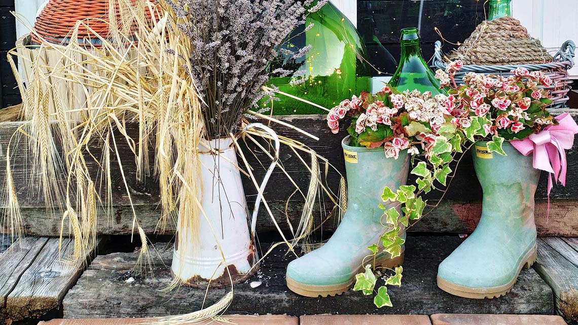A pair of children's rubber boots. They are filled with dirt and have small plants growing from the tops of them.