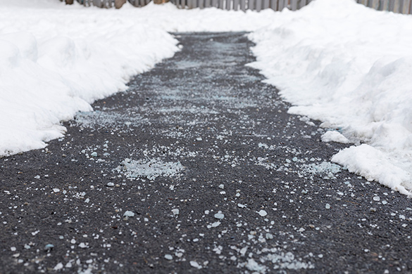 A sidewalk in the winter covered in salt.