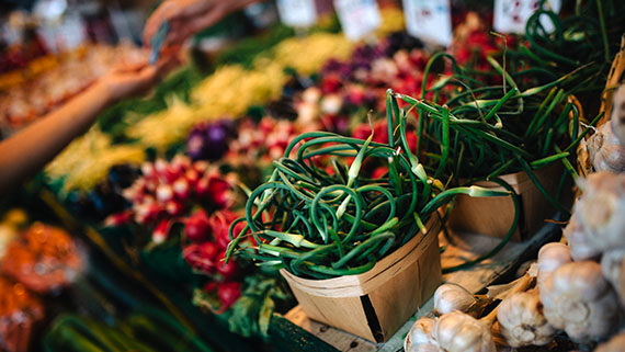 Fresh vegetables and fruit at a market.
