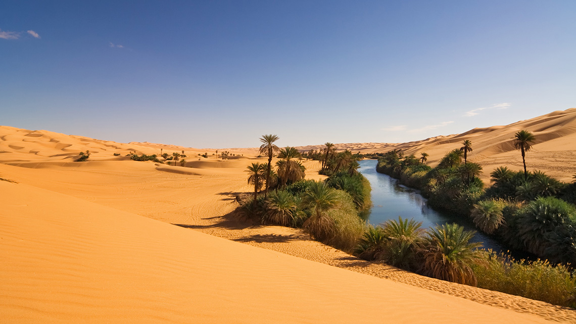 In the Sahara Desert, the Um el Ma Oasis, Mandara lake is surrounded by sand dunes.