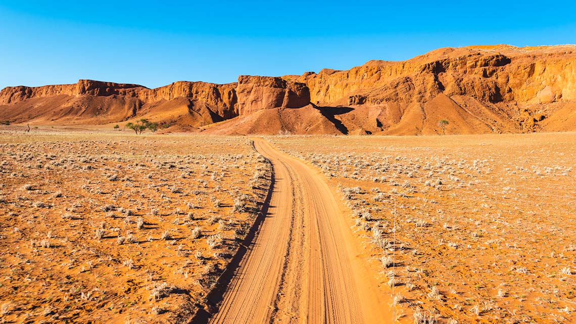 Sandy soil Namibia A dirt road in the middle of a sandy brown landscape with a mountain range behind.
