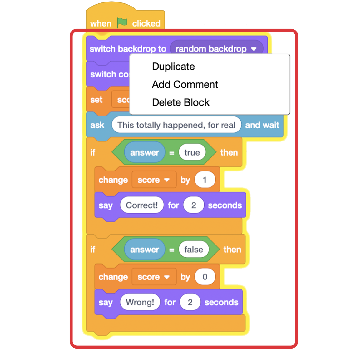 A chain of blocks in Scratch with the right click menu open to show duplicate, add comment and delete block options.