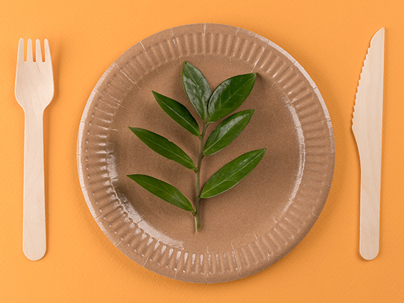 A fork, knife, and plate made from bamboo. The plate is placed in the center with a leaf on top. The fork is placed on the left side of the plate and the knife is placed on the right side.